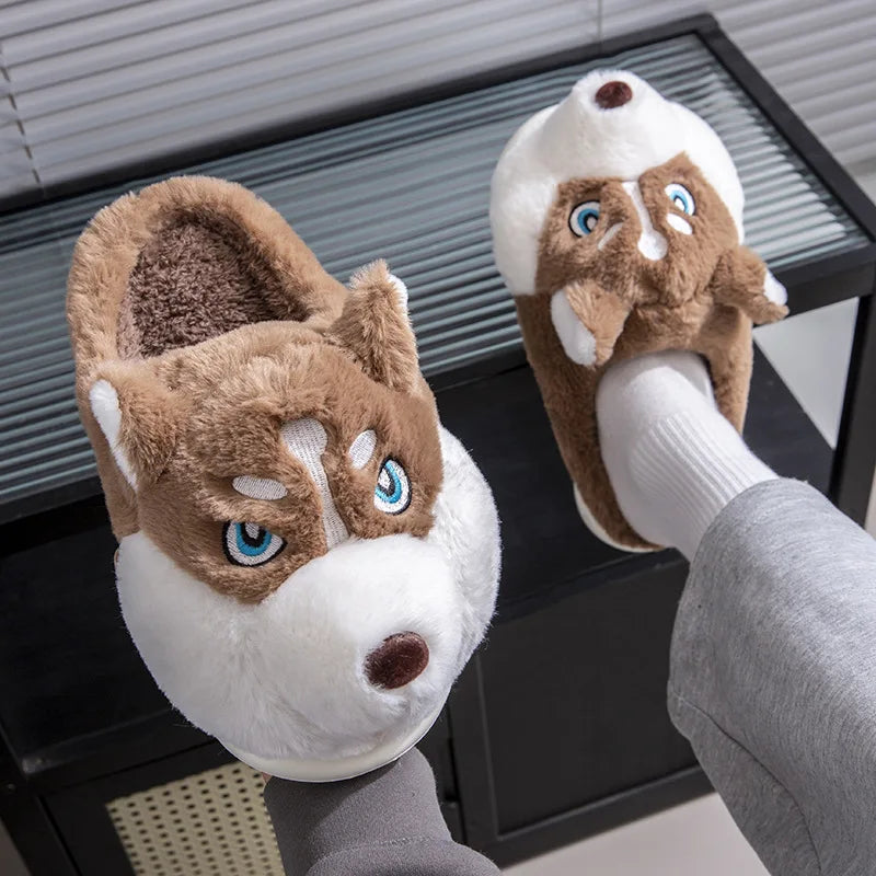 Cozy Plus Size Indoor Fluffy Slippers for Couples - Cute Cartoon Dog Design, Perfect Winter Warmth