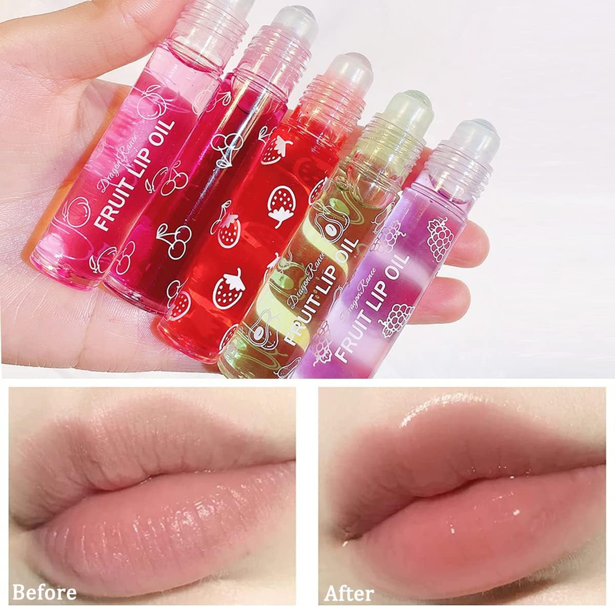 Hydrating Plumping Lip Oil - Fruit-Flavored Roll-On Lip Glow Primer & Moisturizing Balm Kit, Clear Lip Gloss, 4 Pieces