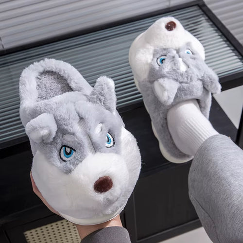 Cozy Plus Size Indoor Fluffy Slippers for Couples - Cute Cartoon Dog Design, Perfect Winter Warmth