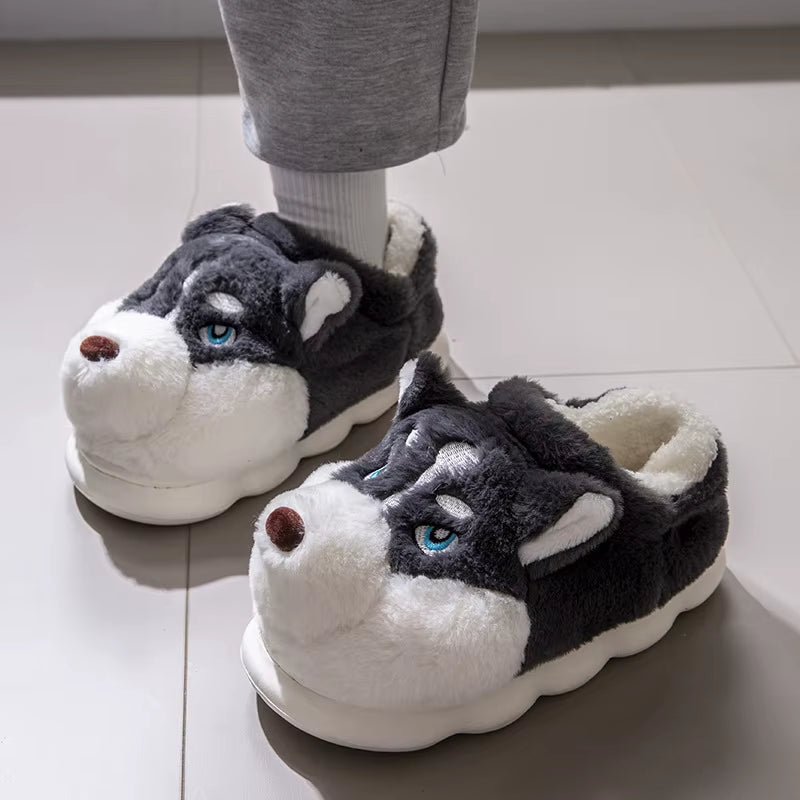 Cozy Plus Size Indoor Fluffy Slippers for Couples - Cute Cartoon Dog Design, Perfect Winter Warmth