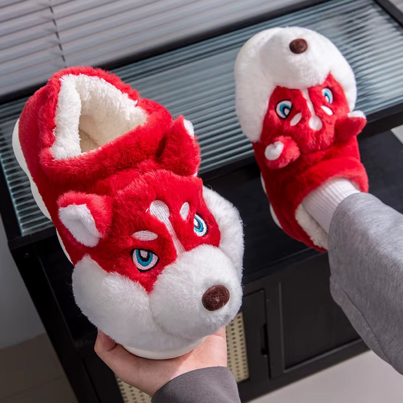 Cozy Plus Size Indoor Fluffy Slippers for Couples - Cute Cartoon Dog Design, Perfect Winter Warmth