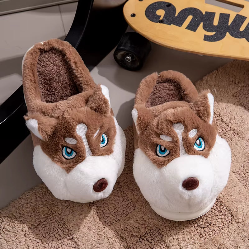Cozy Plus Size Indoor Fluffy Slippers for Couples - Cute Cartoon Dog Design, Perfect Winter Warmth