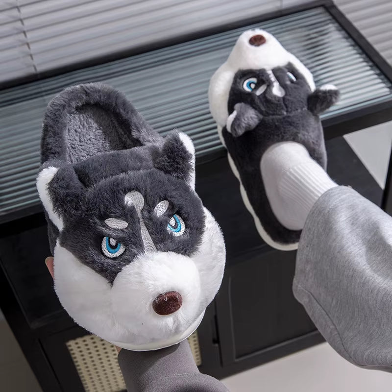 Cozy Plus Size Indoor Fluffy Slippers for Couples - Cute Cartoon Dog Design, Perfect Winter Warmth