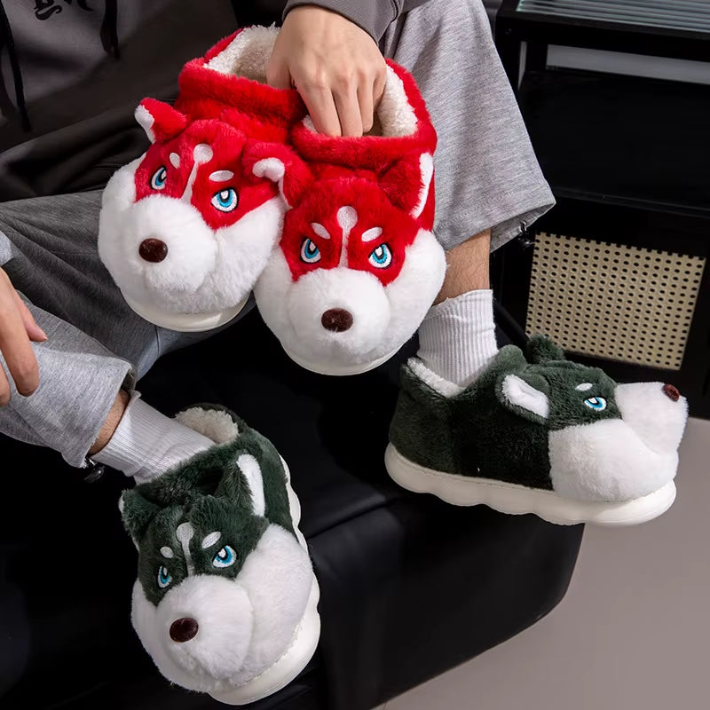 Cozy Plus Size Indoor Fluffy Slippers for Couples - Cute Cartoon Dog Design, Perfect Winter Warmth