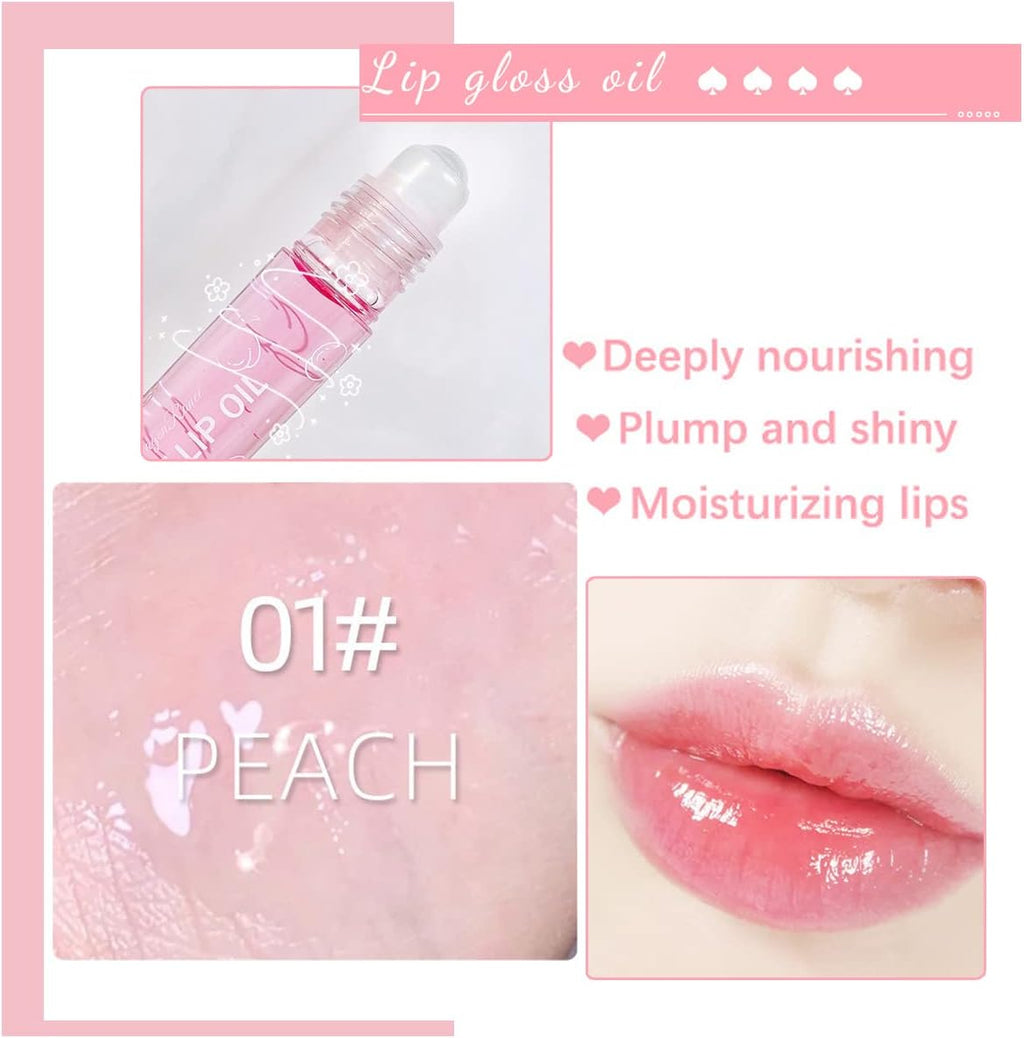 Hydrating Plumping Lip Oil - Fruit-Flavored Roll-On Lip Glow Primer & Moisturizing Balm Kit, Clear Lip Gloss, 4 Pieces