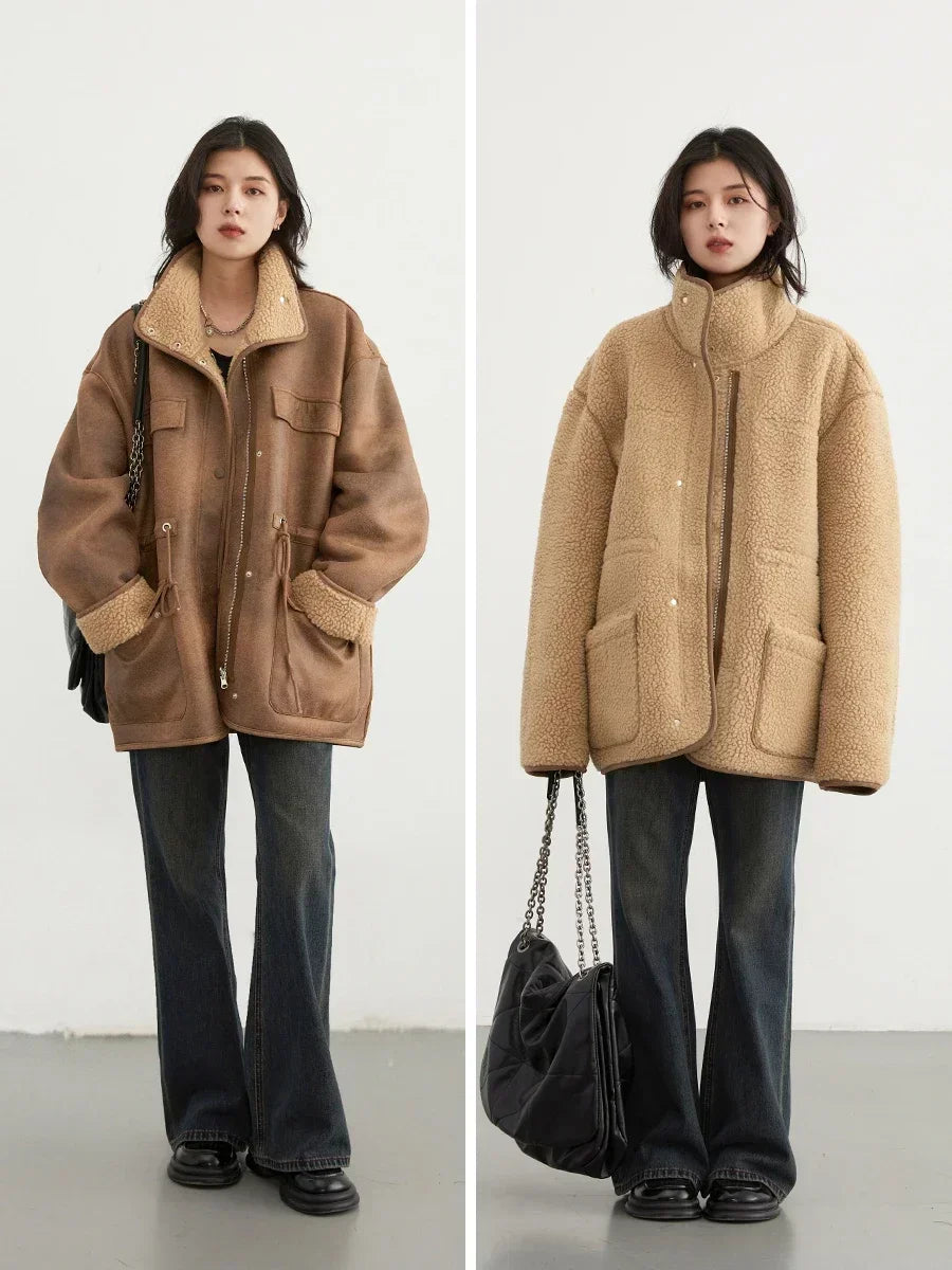 Cozy Up in Style: Women's Thick Warm Solid Suede Reversible Jacket - Perfect for Autumn & Winter Adventures