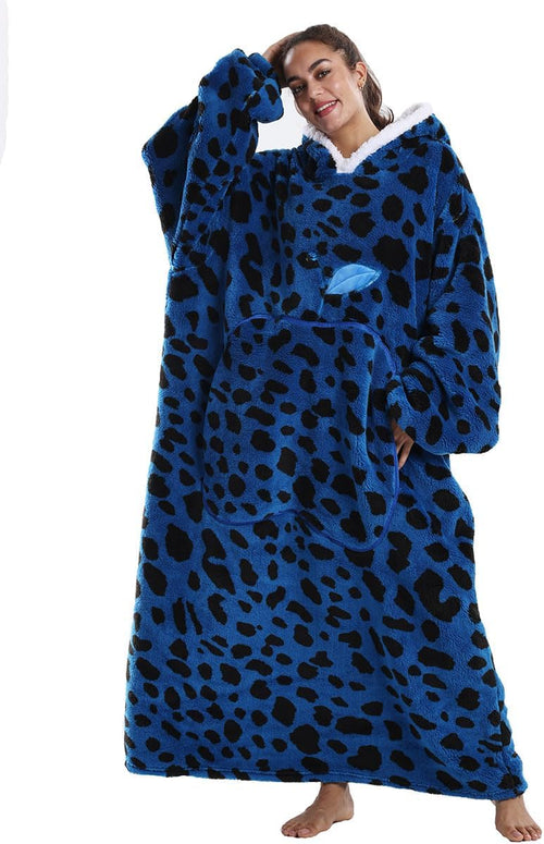 Experience Ultimate Comfort with Our Extra Long Wearable Blanket Hoodie - The Oversized Cozy Sweatshirt for Everyone, Featuring a Super Warm Blue Leopard Design and a Giant Pocket!