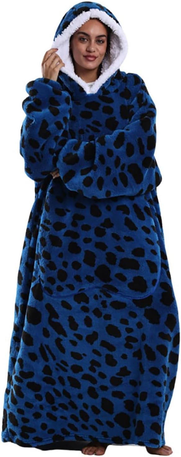Experience Ultimate Comfort with Our Extra Long Wearable Blanket Hoodie - The Oversized Cozy Sweatshirt for Everyone, Featuring a Super Warm Blue Leopard Design and a Giant Pocket!