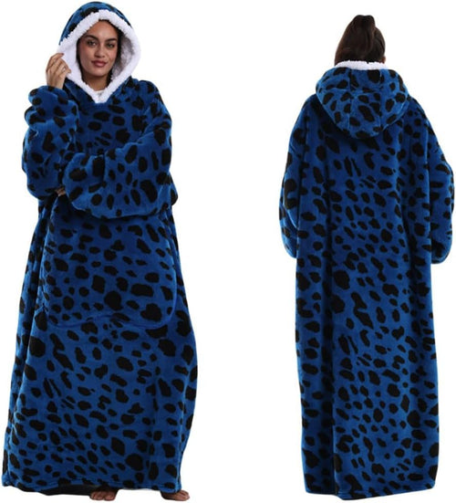 Experience Ultimate Comfort with Our Extra Long Wearable Blanket Hoodie - The Oversized Cozy Sweatshirt for Everyone, Featuring a Super Warm Blue Leopard Design and a Giant Pocket!