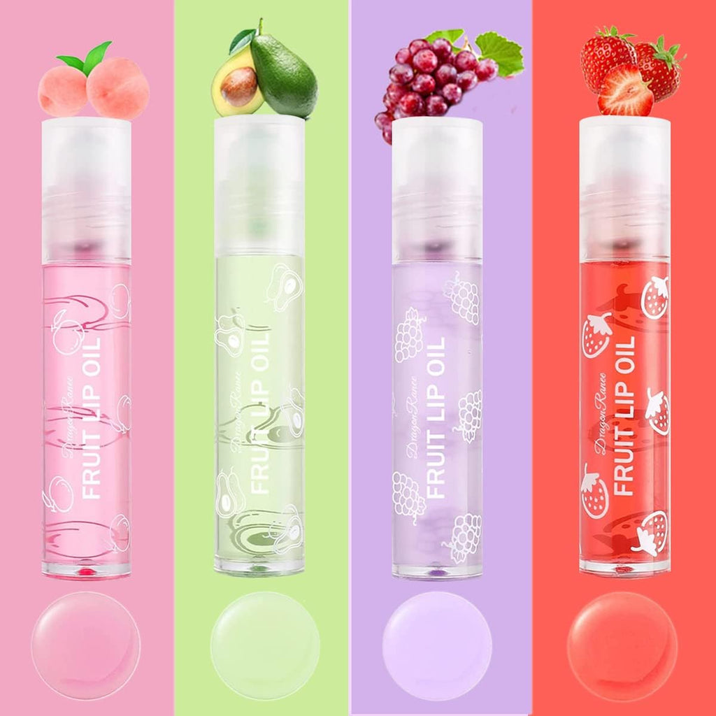 Hydrating Plumping Lip Oil - Fruit-Flavored Roll-On Lip Glow Primer & Moisturizing Balm Kit, Clear Lip Gloss, 4 Pieces