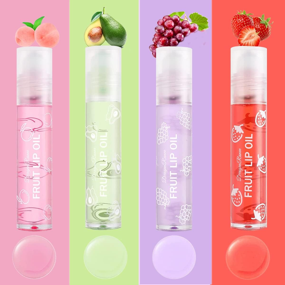 Hydrating Plumping Lip Oil - Fruit-Flavored Roll-On Lip Glow Primer & Moisturizing Balm Kit, Clear Lip Gloss, 4 Pieces