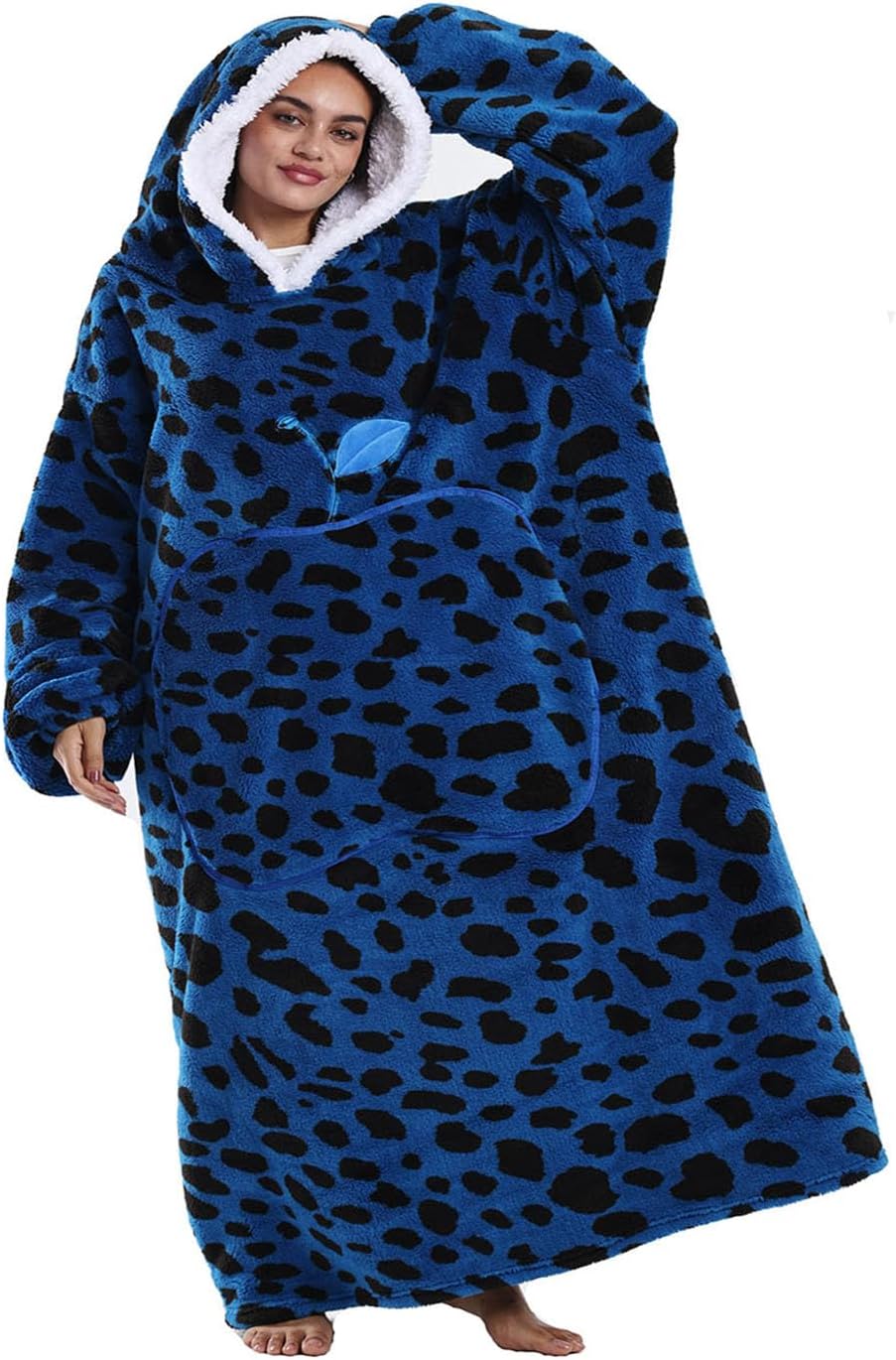 Experience Ultimate Comfort with Our Extra Long Wearable Blanket Hoodie - The Oversized Cozy Sweatshirt for Everyone, Featuring a Super Warm Blue Leopard Design and a Giant Pocket!