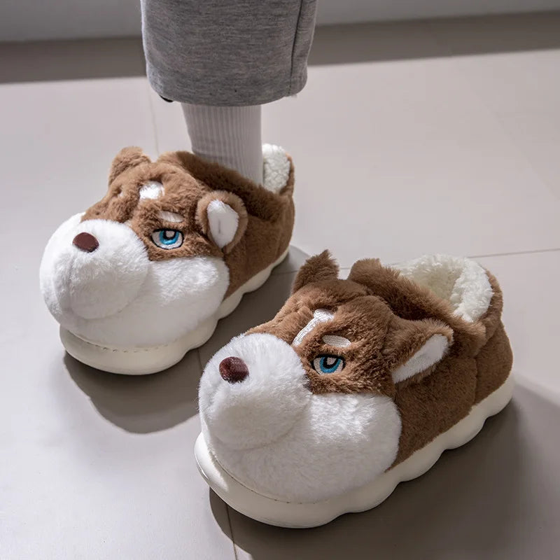 Cozy Plus Size Indoor Fluffy Slippers for Couples - Cute Cartoon Dog Design, Perfect Winter Warmth