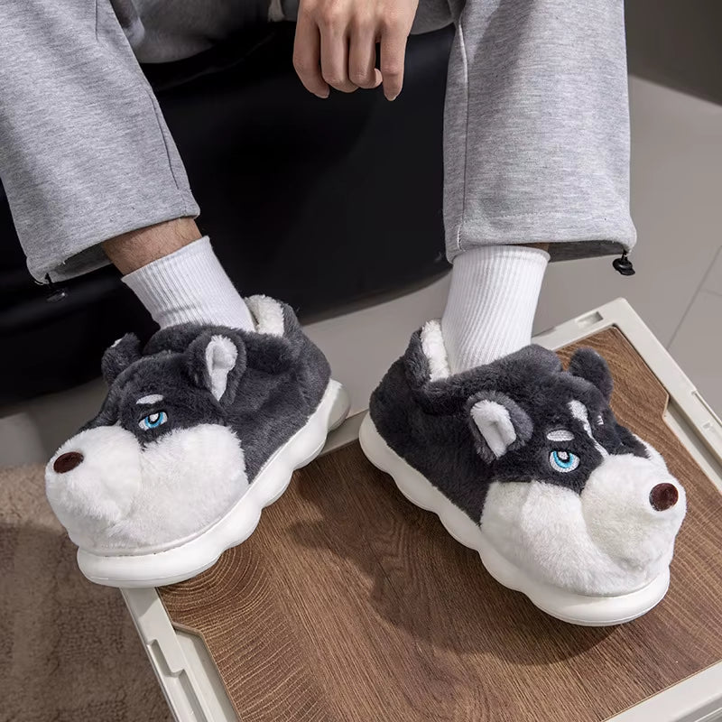 Cozy Plus Size Indoor Fluffy Slippers for Couples - Cute Cartoon Dog Design, Perfect Winter Warmth