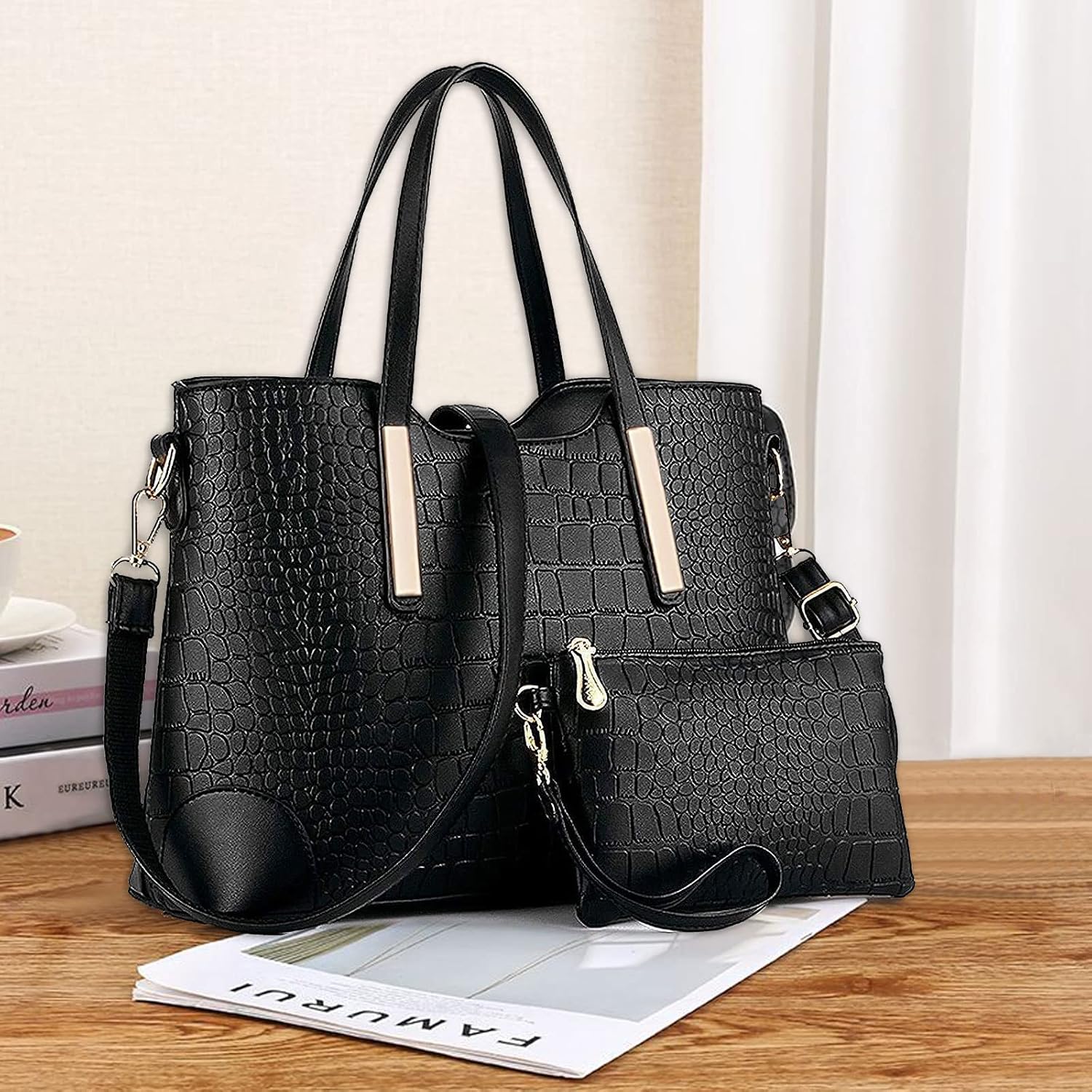 Chic Black Satchel Purse: Stylish Shoulder Tote Bag and Wallet Combo for Women