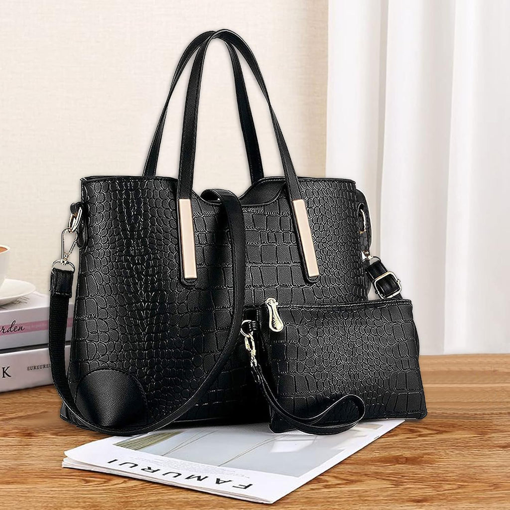 Chic Black Satchel Purse: Stylish Shoulder Tote Bag and Wallet Combo for Women