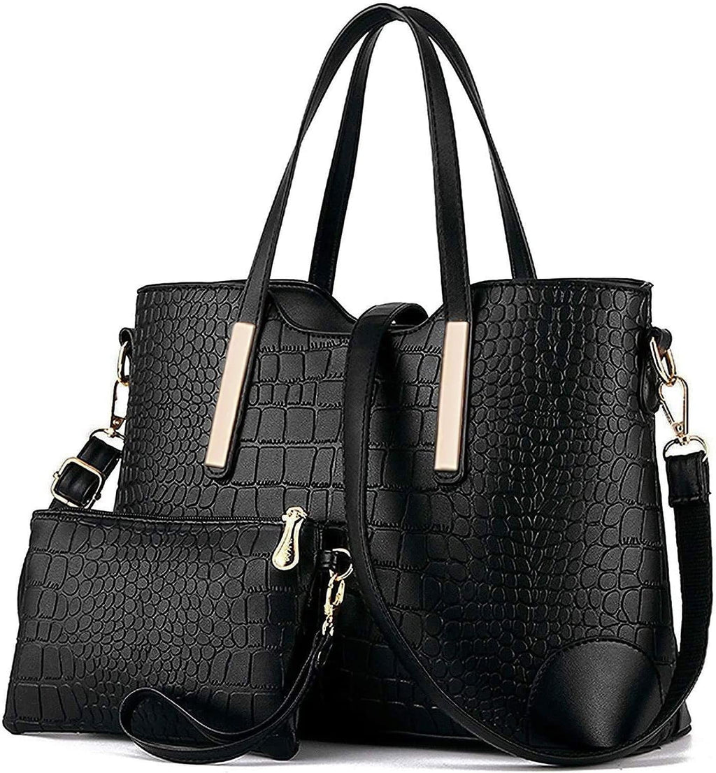 Chic Black Satchel Purse: Stylish Shoulder Tote Bag and Wallet Combo for Women