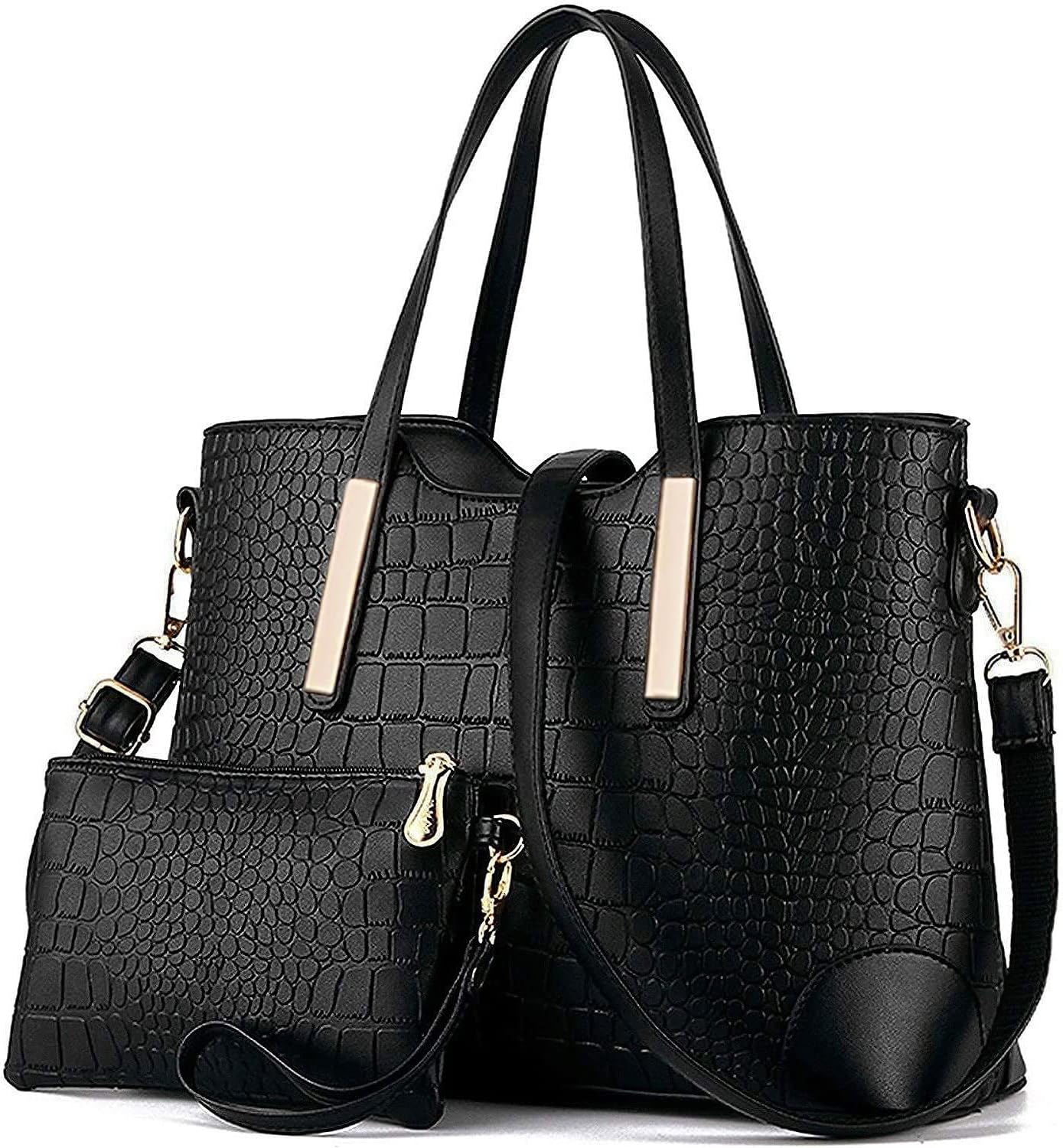Chic Black Satchel Purse: Stylish Shoulder Tote Bag and Wallet Combo for Women