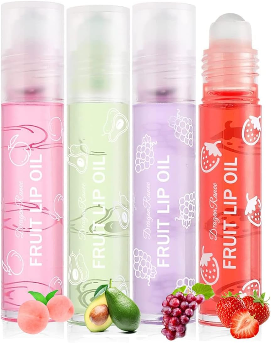 Hydrating Plumping Lip Oil - Fruit-Flavored Roll-On Lip Glow Primer & Moisturizing Balm Kit, Clear Lip Gloss, 4 Pieces