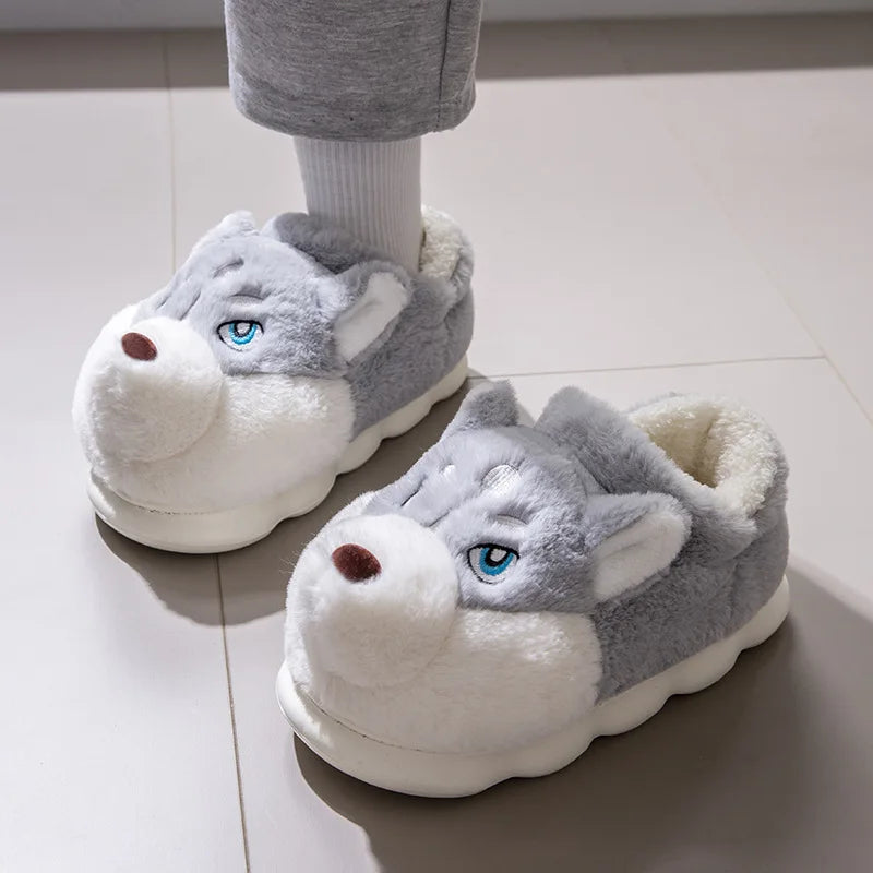 Cozy Plus Size Indoor Fluffy Slippers for Couples - Cute Cartoon Dog Design, Perfect Winter Warmth