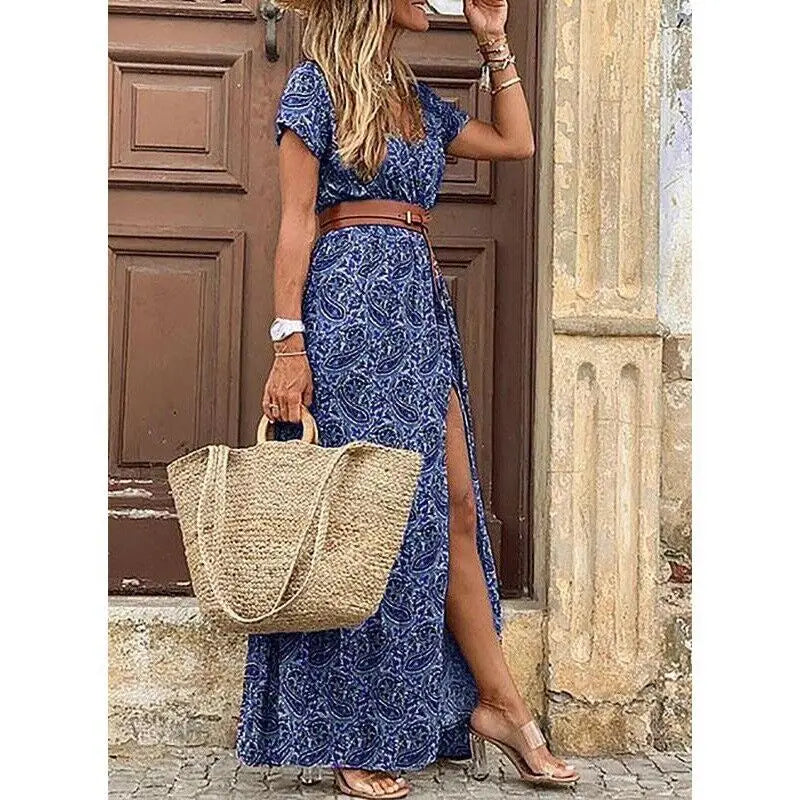 Elevate Your Summer Wardrobe with Our Elegant Floral Midi Dress - V Neck, Puff Sleeves, and Waist Ruched Design!