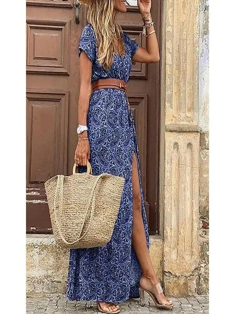 Elevate Your Summer Wardrobe with Our Elegant Floral Midi Dress - V Neck, Puff Sleeves, and Waist Ruched Design!