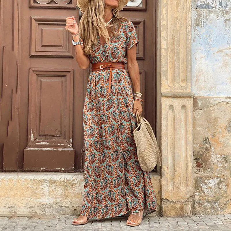 Elevate Your Summer Wardrobe with Our Elegant Floral Midi Dress - V Neck, Puff Sleeves, and Waist Ruched Design!