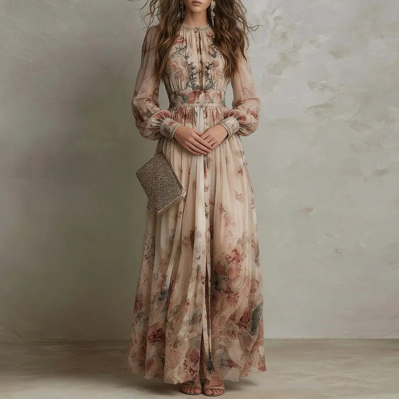 Chic Vintage Floral Print High Waist Pleated Long Dress for Women - Elegant O-Neck Design with Full Sleeves Perfect for Parties and Holidays