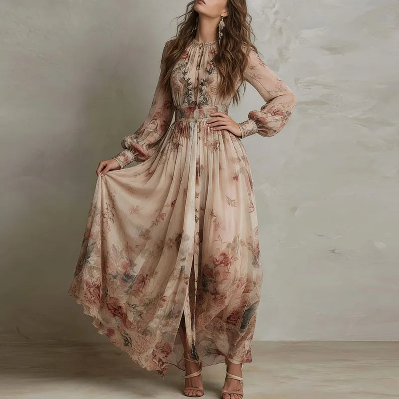 Chic Vintage Floral Print High Waist Pleated Long Dress for Women - Elegant O-Neck Design with Full Sleeves Perfect for Parties and Holidays
