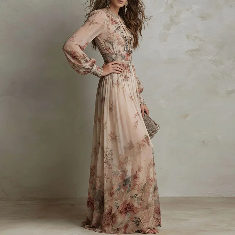 Chic Vintage Floral Print High Waist Pleated Long Dress for Women - Elegant O-Neck Design with Full Sleeves Perfect for Parties and Holidays