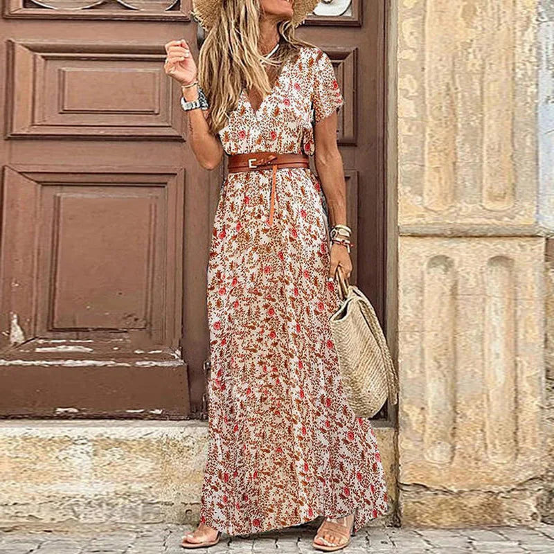 Elevate Your Summer Wardrobe with Our Elegant Floral Midi Dress - V Neck, Puff Sleeves, and Waist Ruched Design!