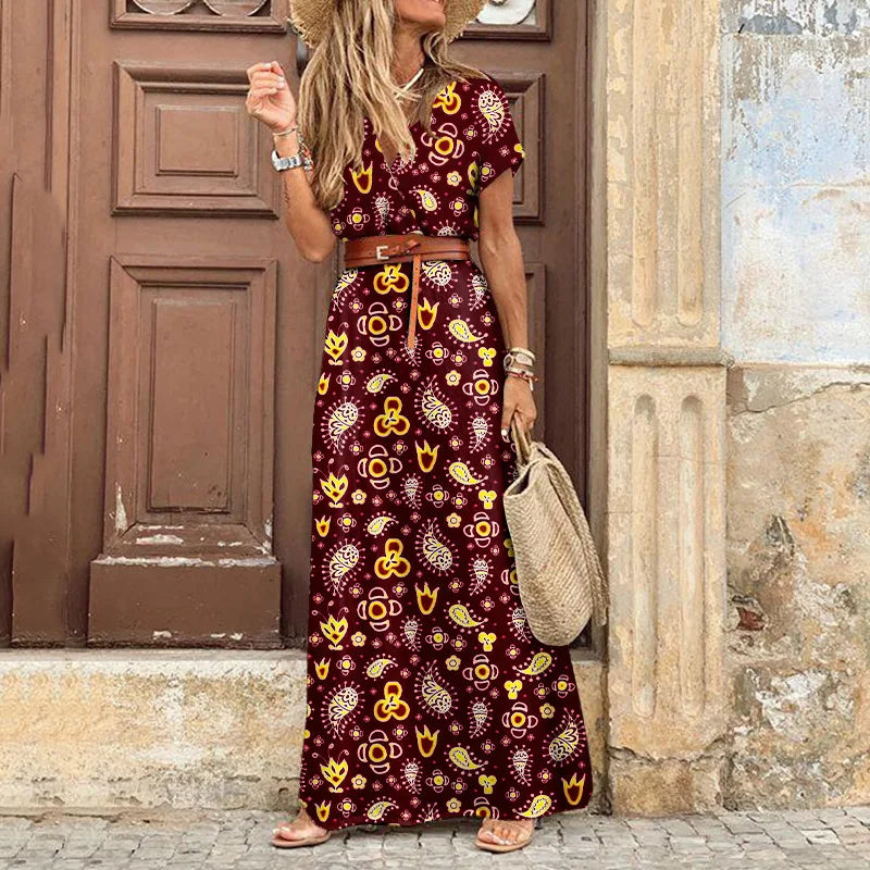 Elevate Your Summer Wardrobe with Our Elegant Floral Midi Dress - V Neck, Puff Sleeves, and Waist Ruched Design!