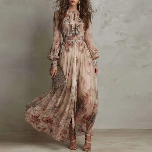 Floral Print High Waist Pleated Long Frock