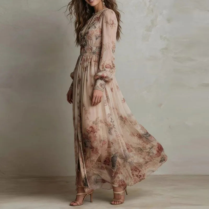 Chic Vintage Floral Print High Waist Pleated Long Dress for Women - Elegant O-Neck Design with Full Sleeves Perfect for Parties and Holidays