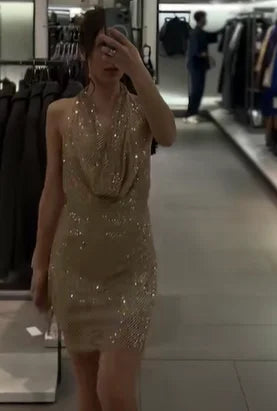 Dazzle in the Hot Diamond Swinging Neck Halter Mini Dress - A Sexy Sleeveless Backless Gown for Chic Autumn Parties