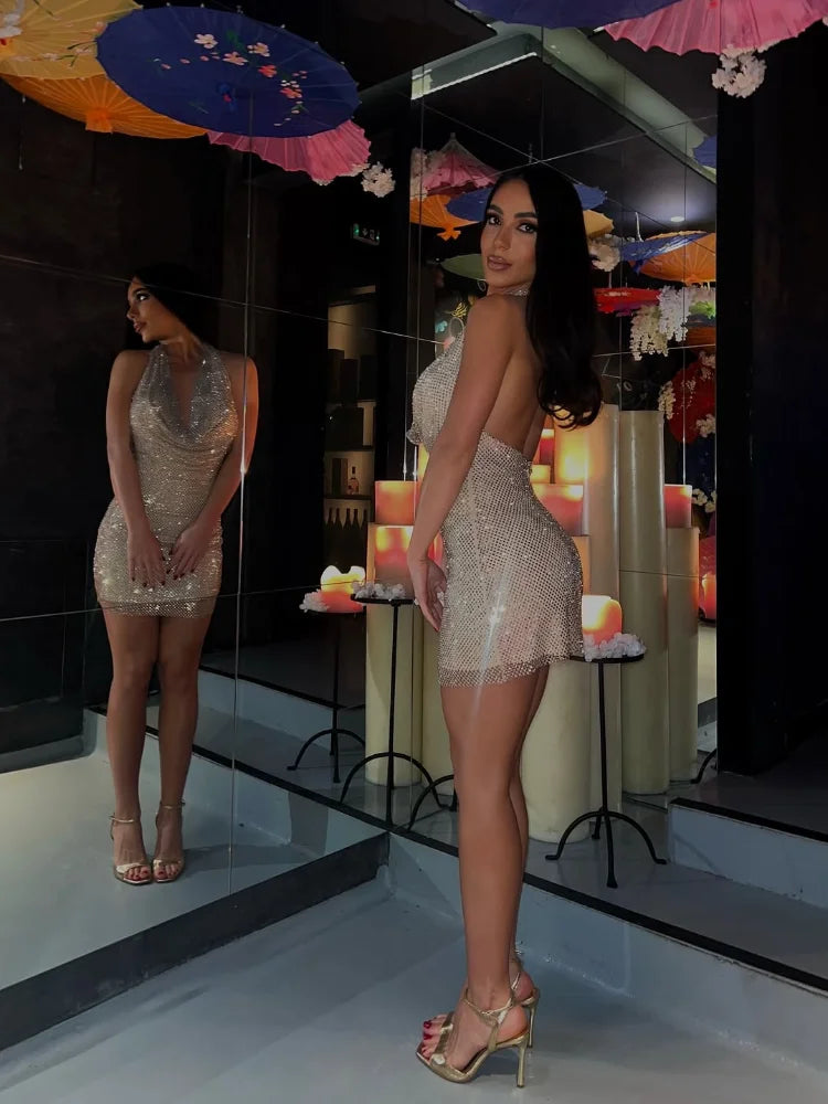 Dazzle in the Hot Diamond Swinging Neck Halter Mini Dress - A Sexy Sleeveless Backless Gown for Chic Autumn Parties