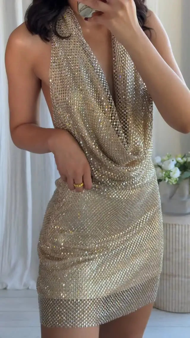 Dazzle in the Hot Diamond Swinging Neck Halter Mini Dress - A Sexy Sleeveless Backless Gown for Chic Autumn Parties