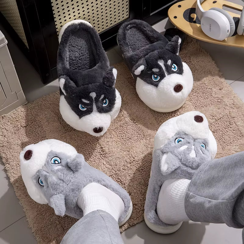Cozy Plus Size Indoor Fluffy Slippers for Couples - Cute Cartoon Dog Design, Perfect Winter Warmth