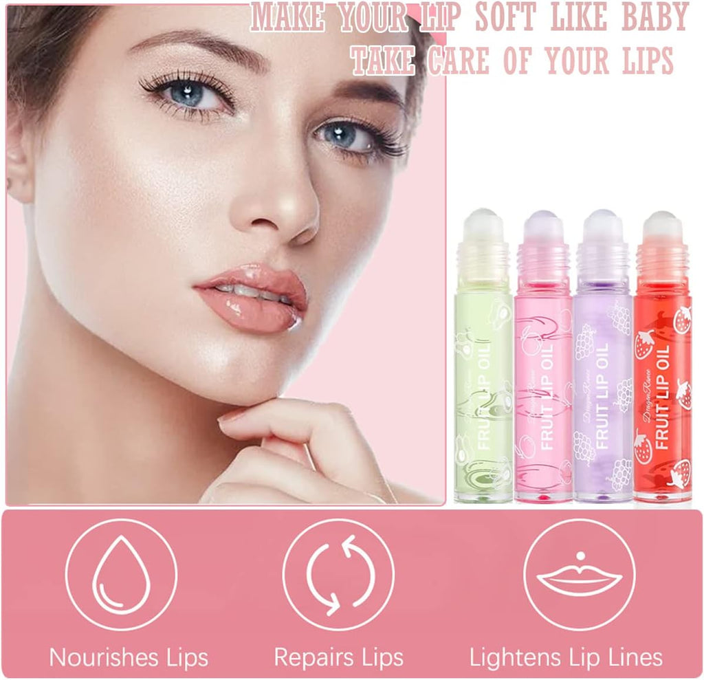 Hydrating Plumping Lip Oil - Fruit-Flavored Roll-On Lip Glow Primer & Moisturizing Balm Kit, Clear Lip Gloss, 4 Pieces