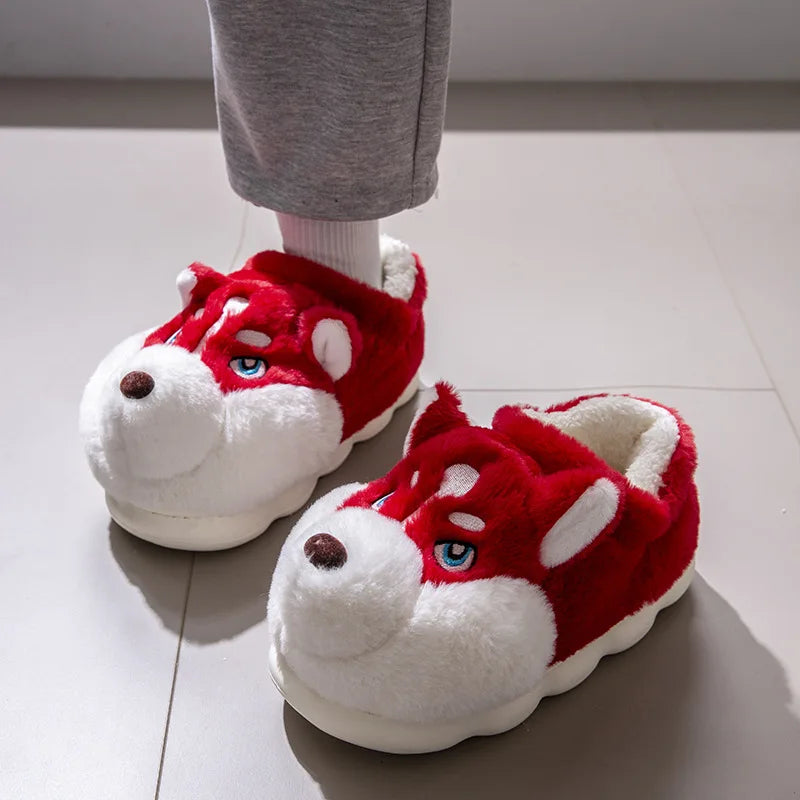 Cozy Plus Size Indoor Fluffy Slippers for Couples - Cute Cartoon Dog Design, Perfect Winter Warmth