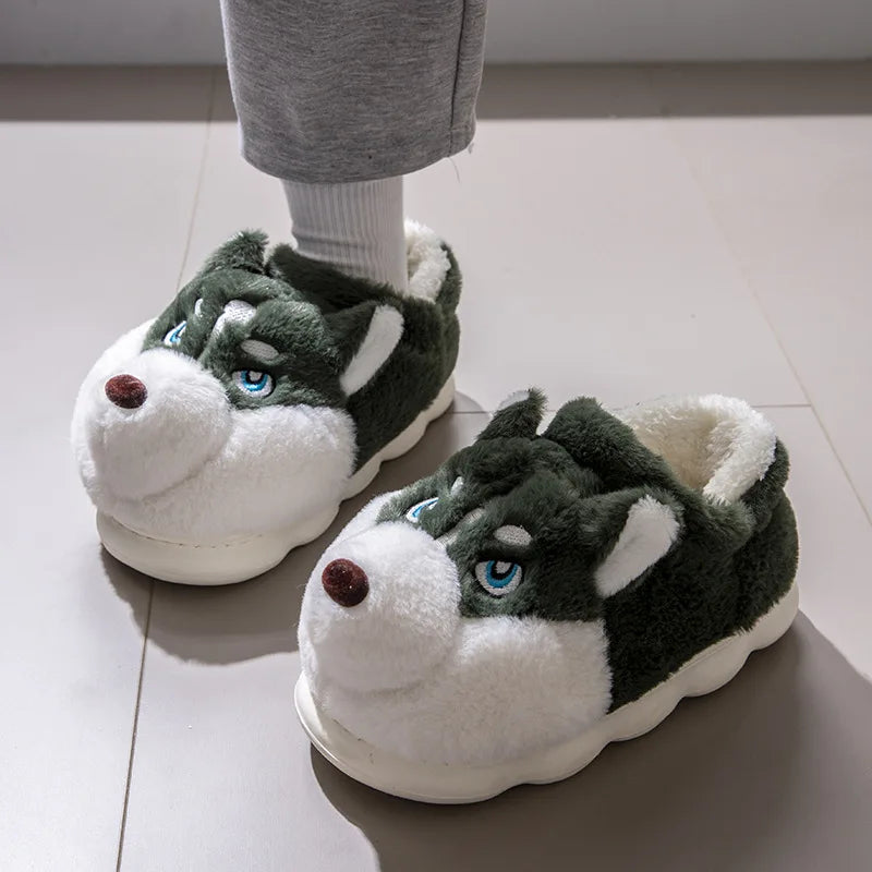 Cozy Plus Size Indoor Fluffy Slippers for Couples - Cute Cartoon Dog Design, Perfect Winter Warmth